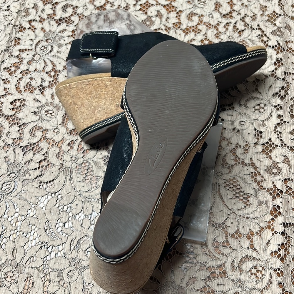 Clarks Collection Black Leather Cork Wedge Size 7… - image 3